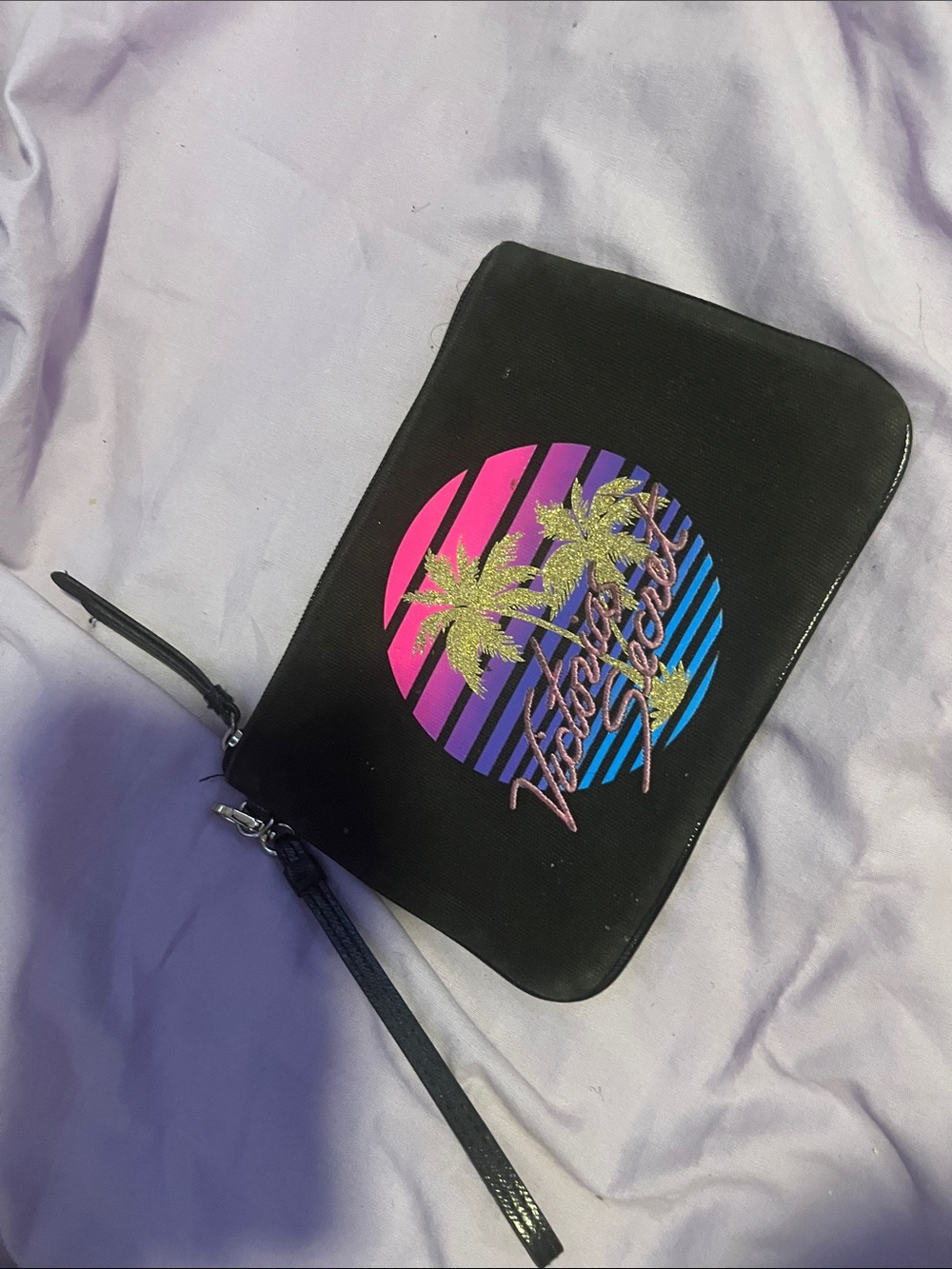 Victoria's Secret Black Wristlet with Neon Palm Design
